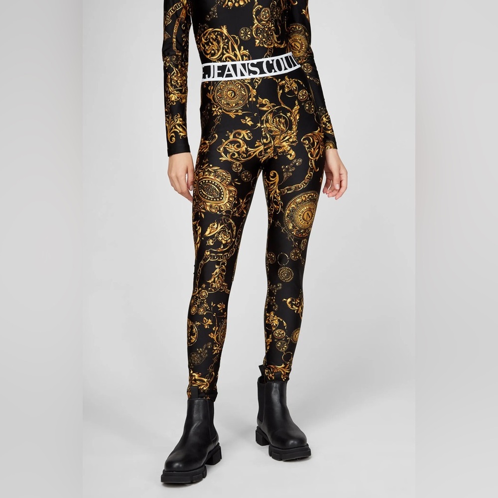 Versace Black and Gold Baroque Leggings NWT